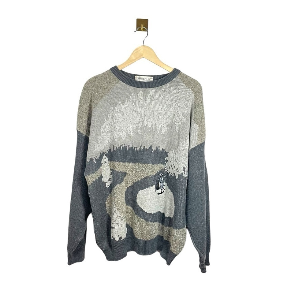 Vintage Grand Slam Golf Graphic Grandpa Sweater Oversized Knit Grey Mens XL